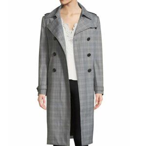 Elie Tahari Plaid Double Breasted Trench Coat Size Large Grey Preppy Classic